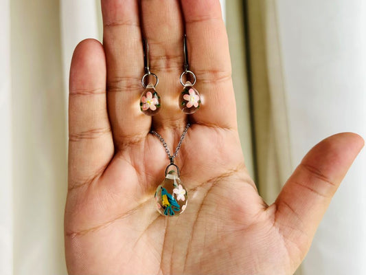 Glass jewelry set "Bird on a Cherry Blossom Branch" necklace and earrings