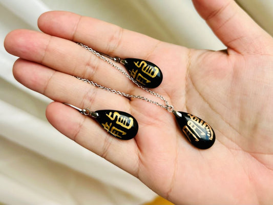 Set aus schwarzem Glasschmuck „Drache und Phönix“ Halskette und Ohrringe