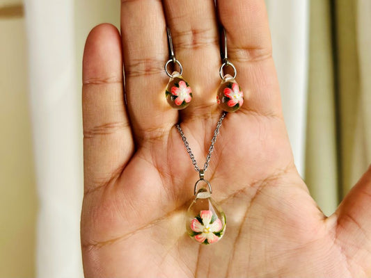 "Cherry Blossom" Glass Jewelry Set - Necklace and Earrings