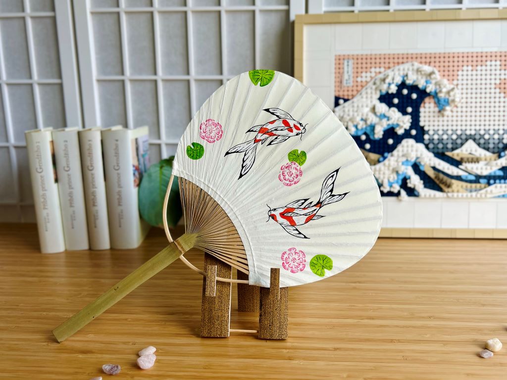round paper fan "Lake Gems or Koi Carp in a Lotus Pond" hand-painted