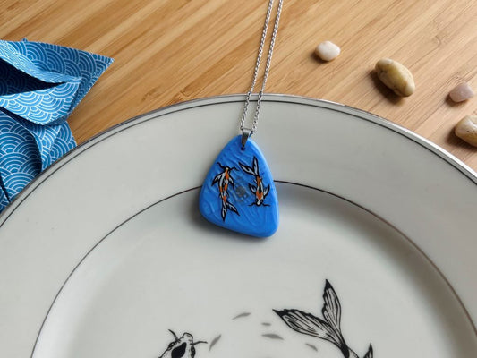 Blue glass necklace "Lake Gems or Koi Carps with the Moon"