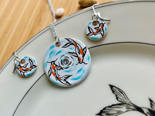 Set Keramikschmuck "Seenedelsteine oder Koi-Karpfen mit Mond"