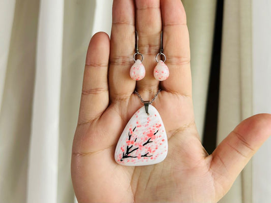 Glass jewelry set "Morning under the cherry blossom" necklace and earrings