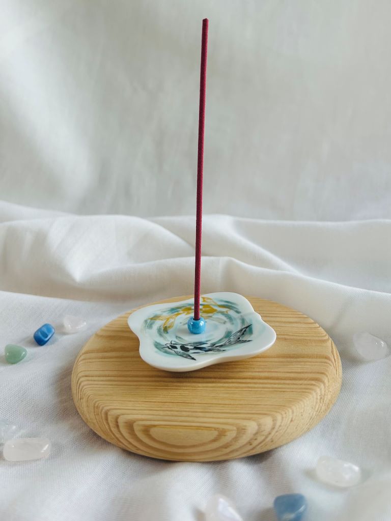 porcelain incense stick holder "Lake Gems or Koi Carp with Moon" 5.5x5.5 cm