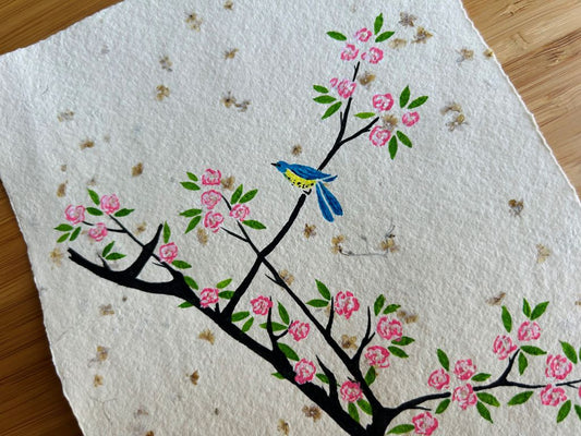 Bild "Vögelchen auf Kirschblüte" zum Einrahmen, Original auf handgeschöpftem A5-Papier