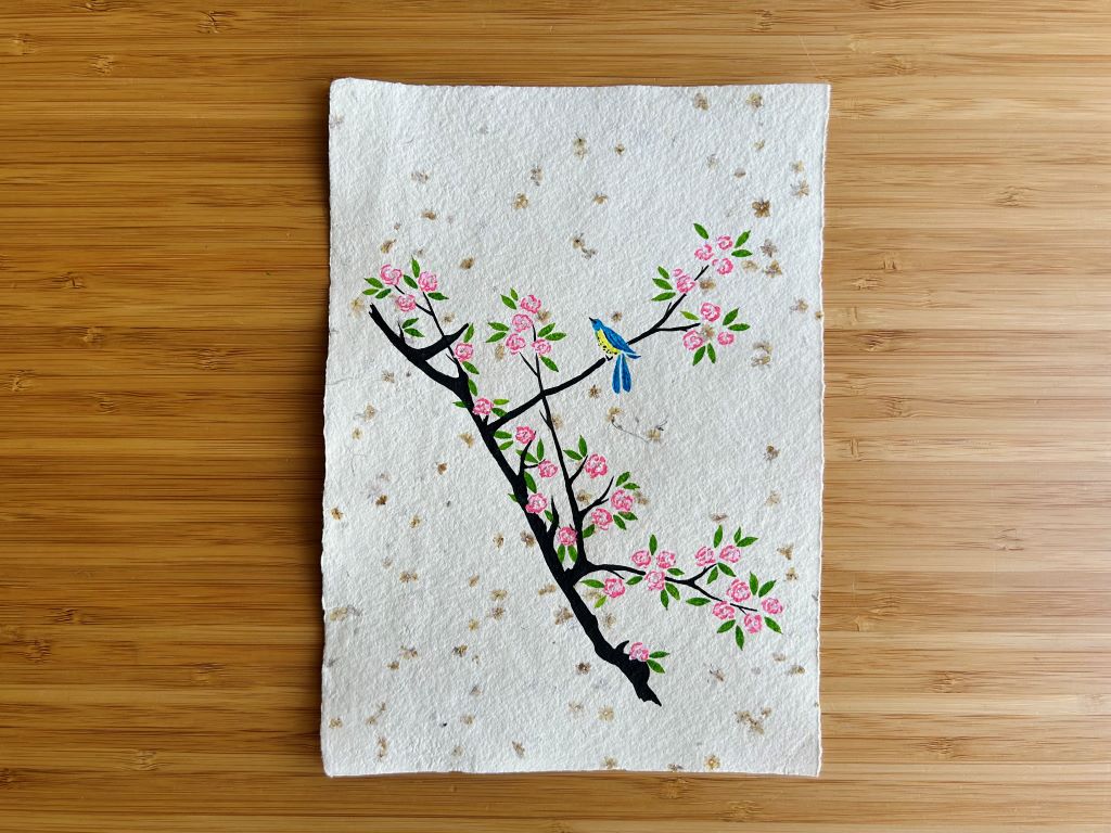 Picture "Little bird on a cherry blossom branch" for framing, original on handmade paper A5