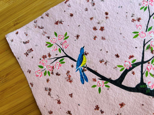 Bild "Vögelchen auf Kirschblüte" zum Einrahmen, Original auf handgeschöpftem Papier A5