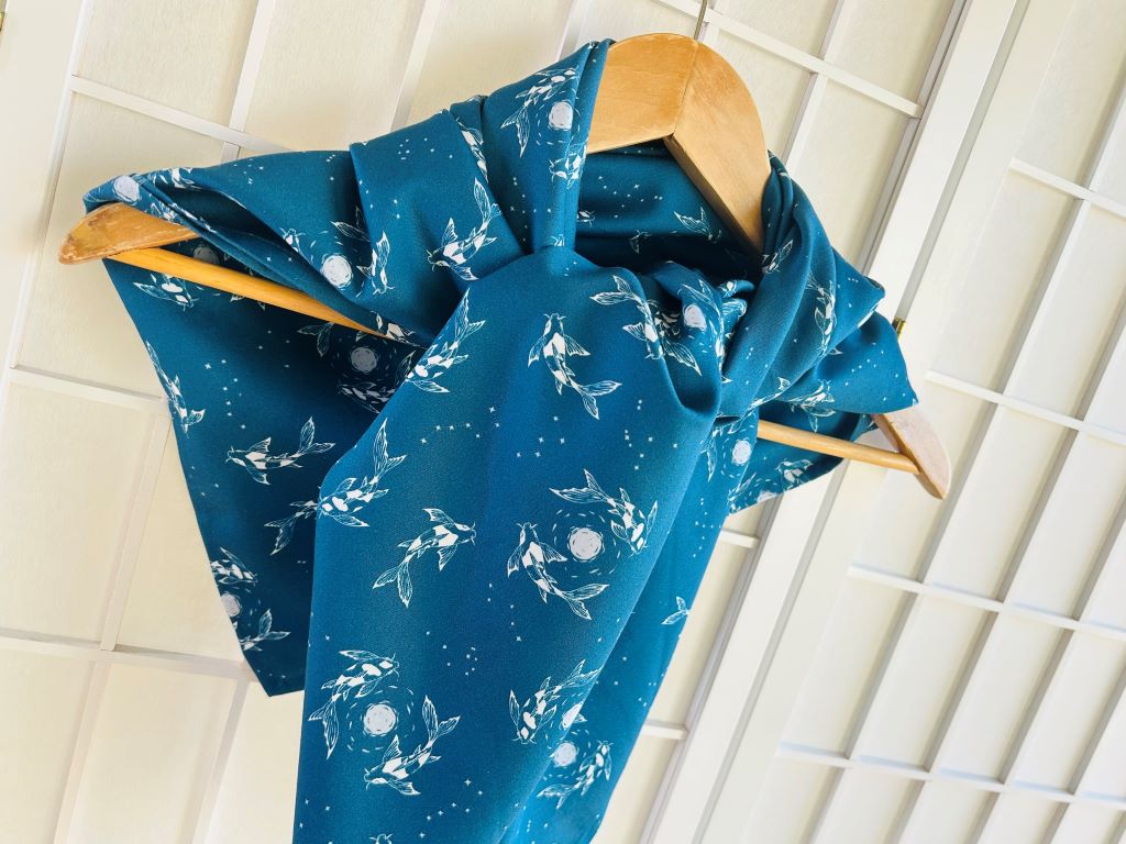 large scarf "Lake Jewels or Koi Carp with Moon" 100x100 cm