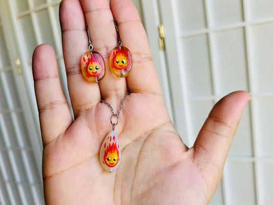 "Calcifer" glass jewellery set, necklace and earrings