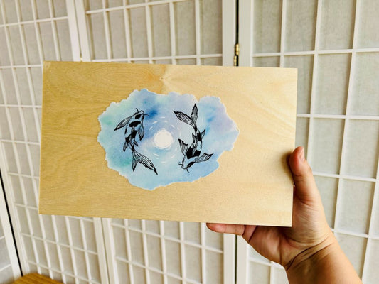 Holzkästchen "Seejuwelen oder Koi-Karpfen mit Mond" für Essstäbchen und Essstäbchenbänkchen