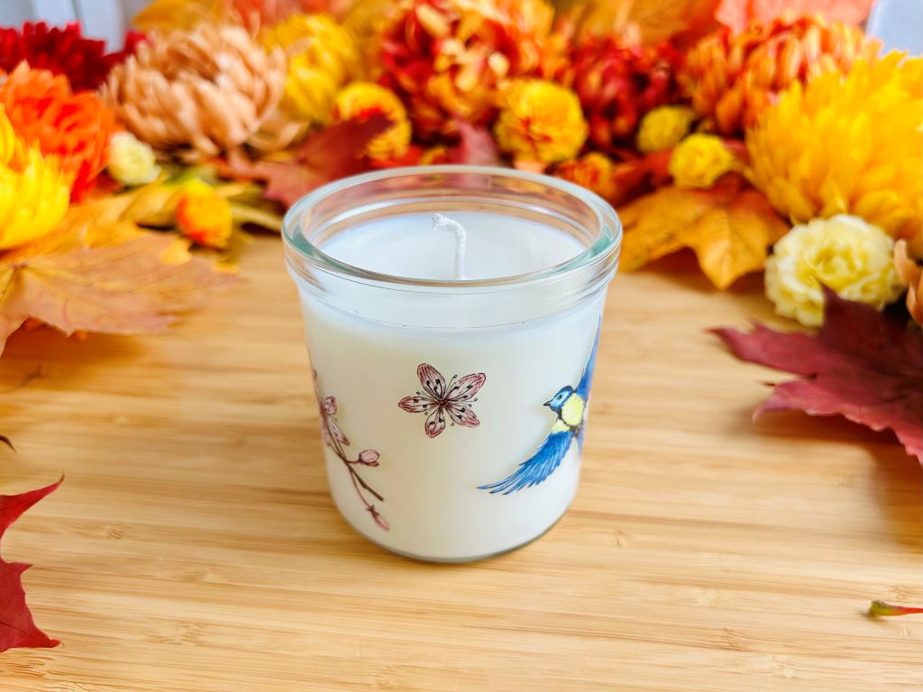 Kerze im Glas „Vögelchen auf Kirschblüte“ groß
