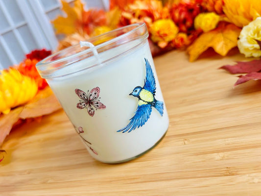Kerze im Glas „Vögelchen auf Kirschblüte“ groß