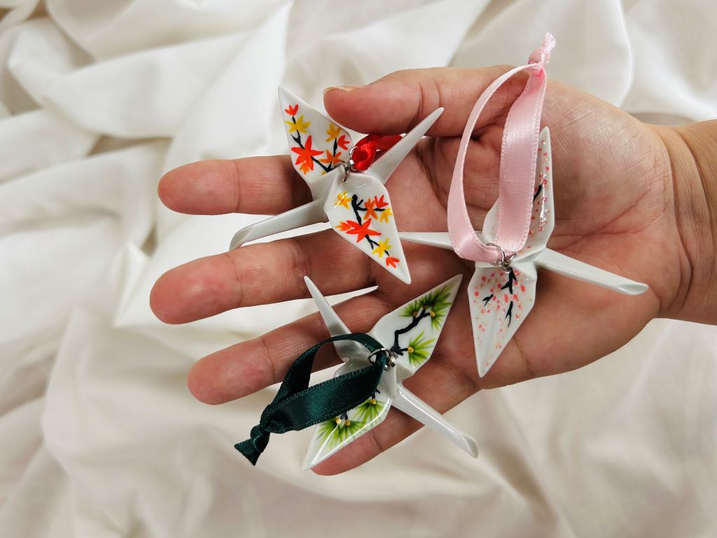 Porcelain origami crane "Long-lived Pine" hanging