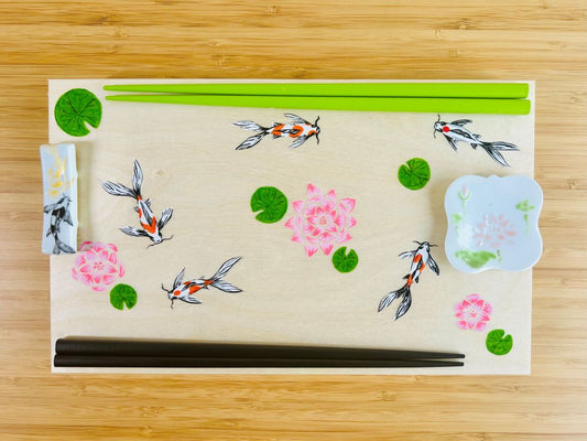 Geschenkset "Seejuwelen oder Koi-Karpfen mit Lotusblüten" für Essstäbchen und Ablagen