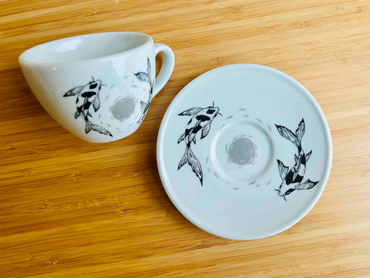 cup and saucer "Koi carp with moon" with a custom spoon
