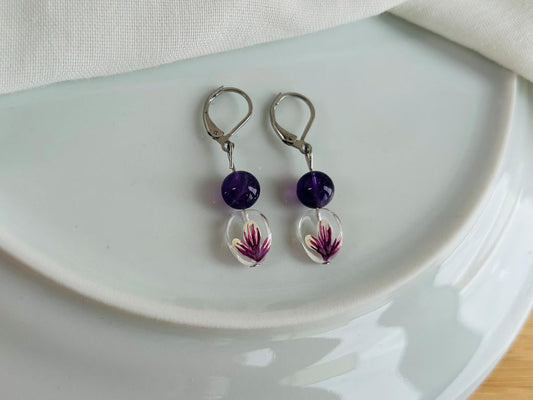 Glass earrings "Scent of a Spring Dream" with amethyst