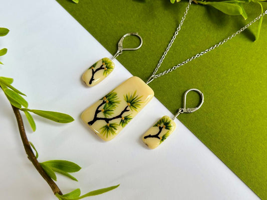 Glass jewelry set "Pine of Longevity" necklace and earrings