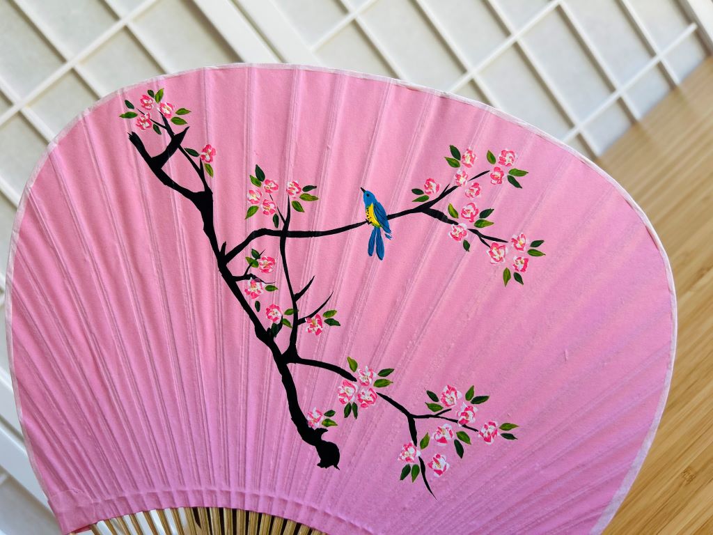 Round paper fan "Bird on Sakura" hand-painted