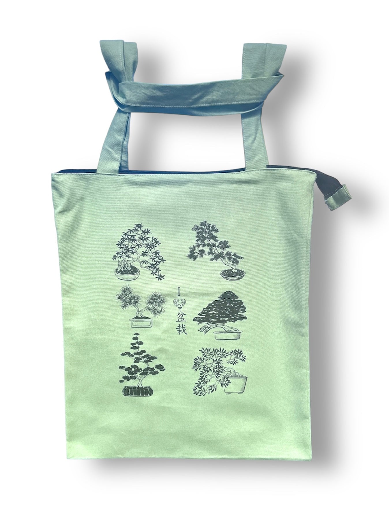 light green shopping bag "Bonsai lover" with zip and inner pocket