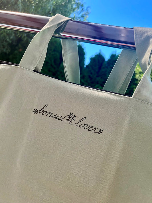light green shopping bag "Bonsai lover" with zip and inner pocket