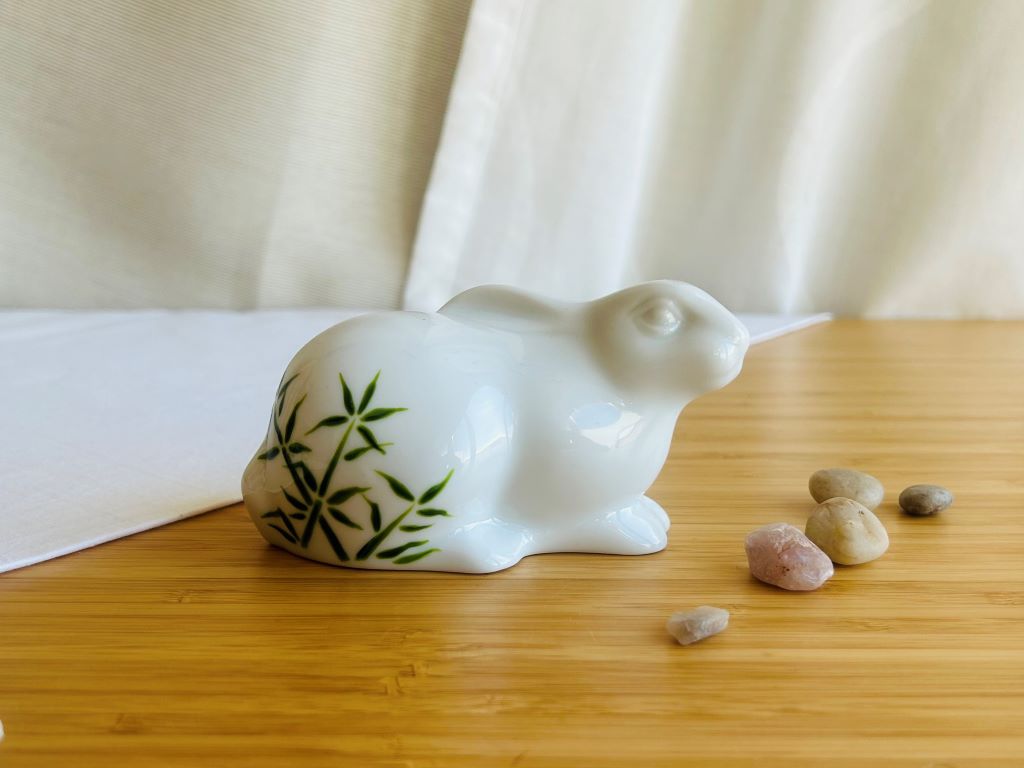 porcelain bunny with various Japanese garden motifs
