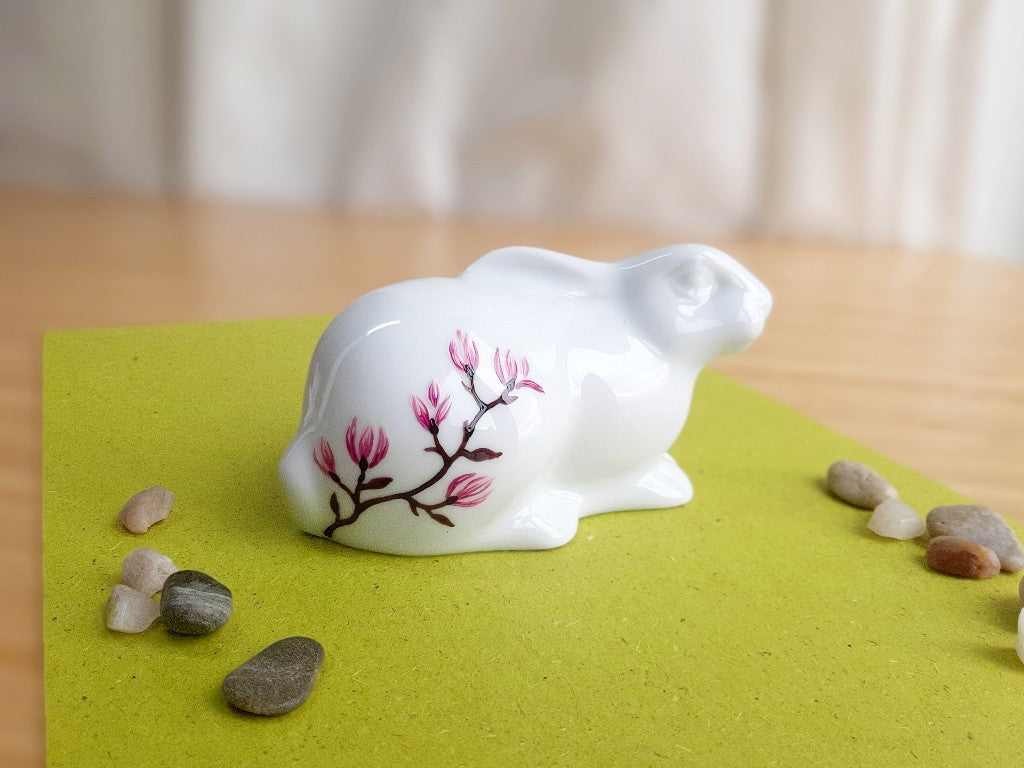porcelain bunny with various Japanese garden motifs