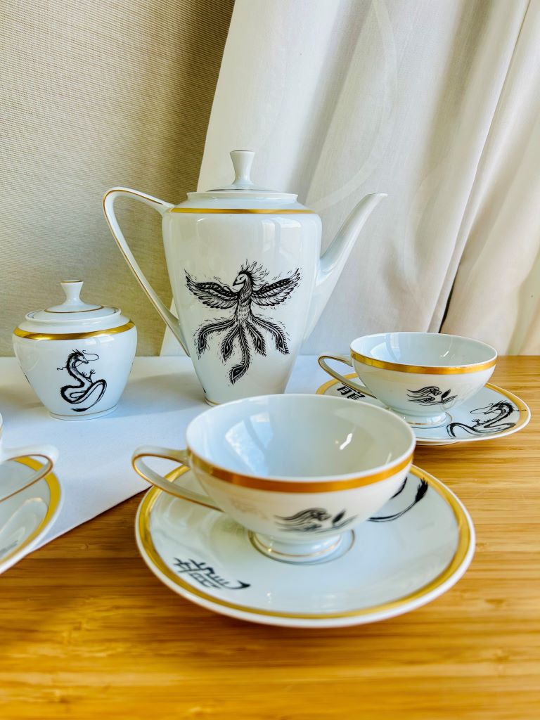 Zlatá vintage čajová souprava "Drak a Fénix"