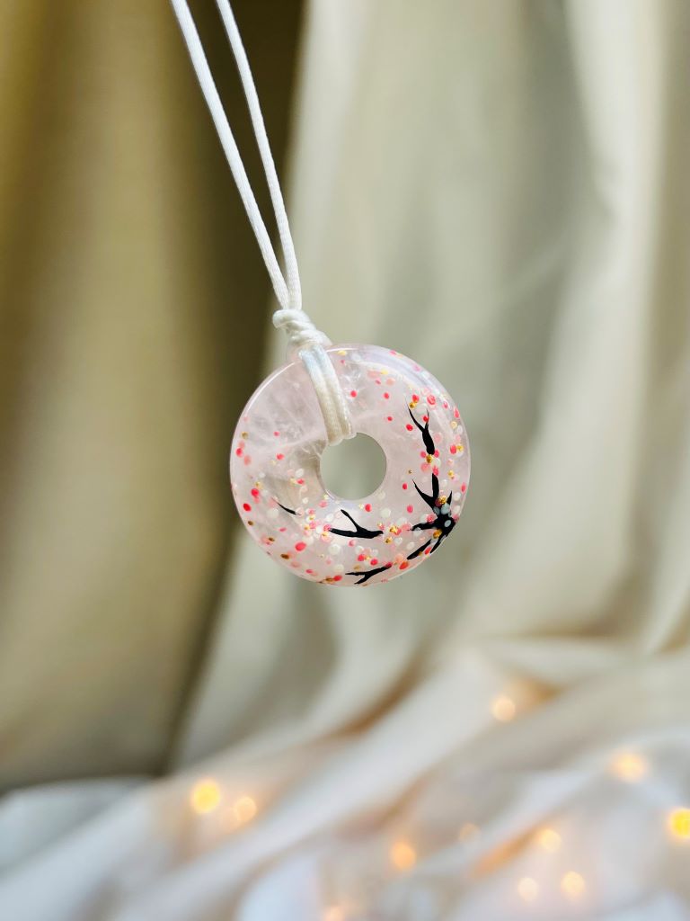 "Morning under Cherry Blossoms" donut necklace rose quartz