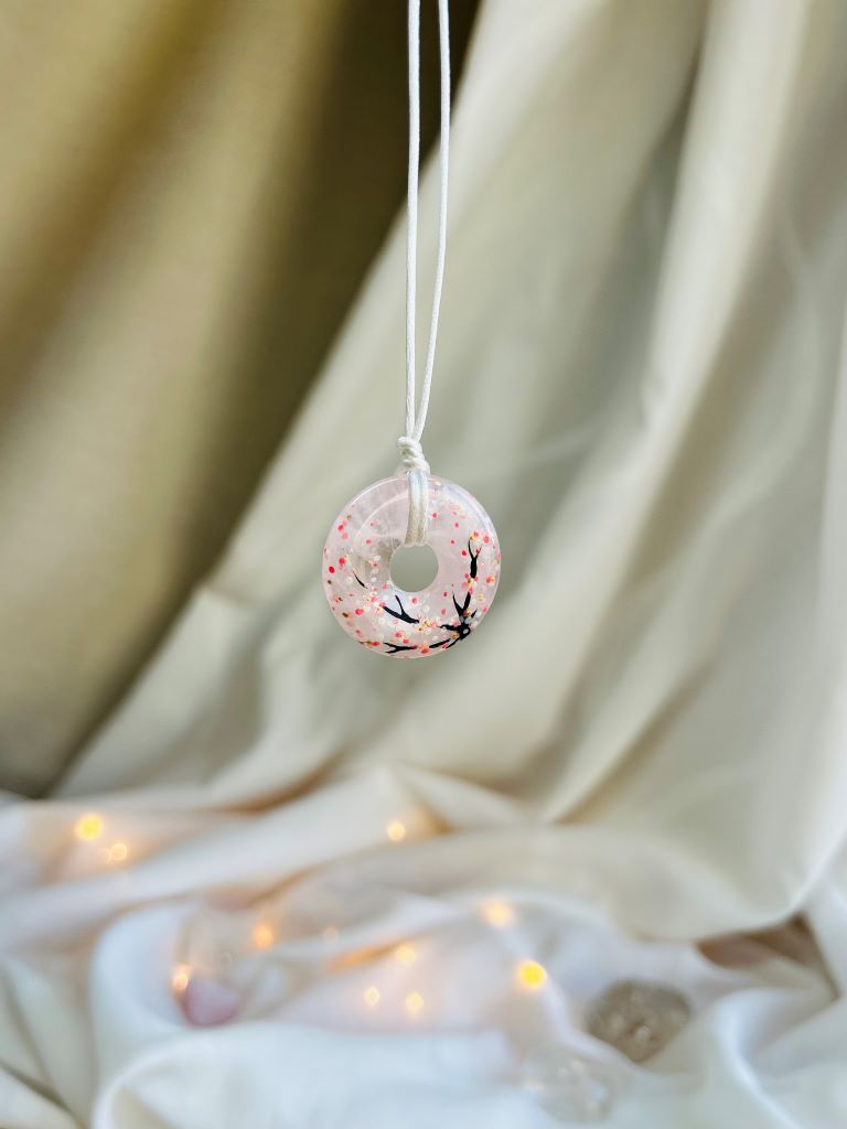 "Morning under Cherry Blossoms" donut necklace rose quartz