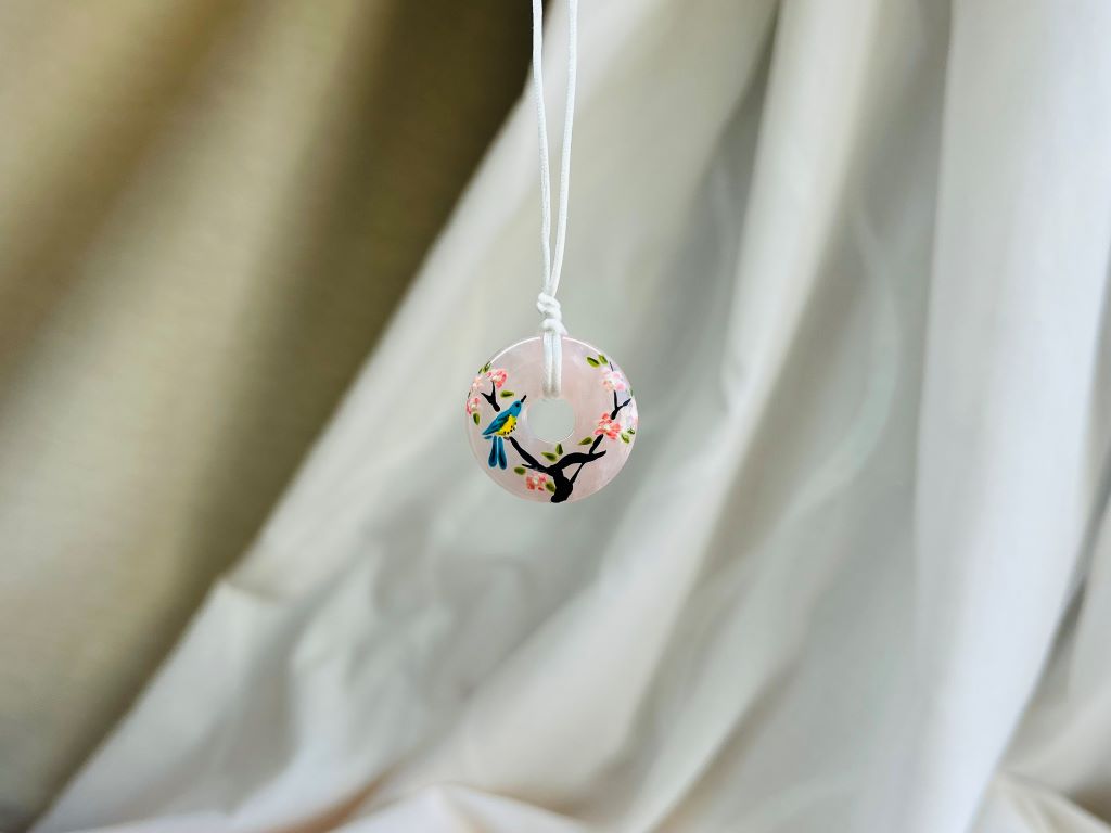Rose quartz donut necklace "Bird on Sakura"
