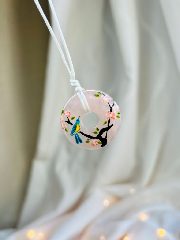 Rose quartz donut necklace "Bird on Sakura"