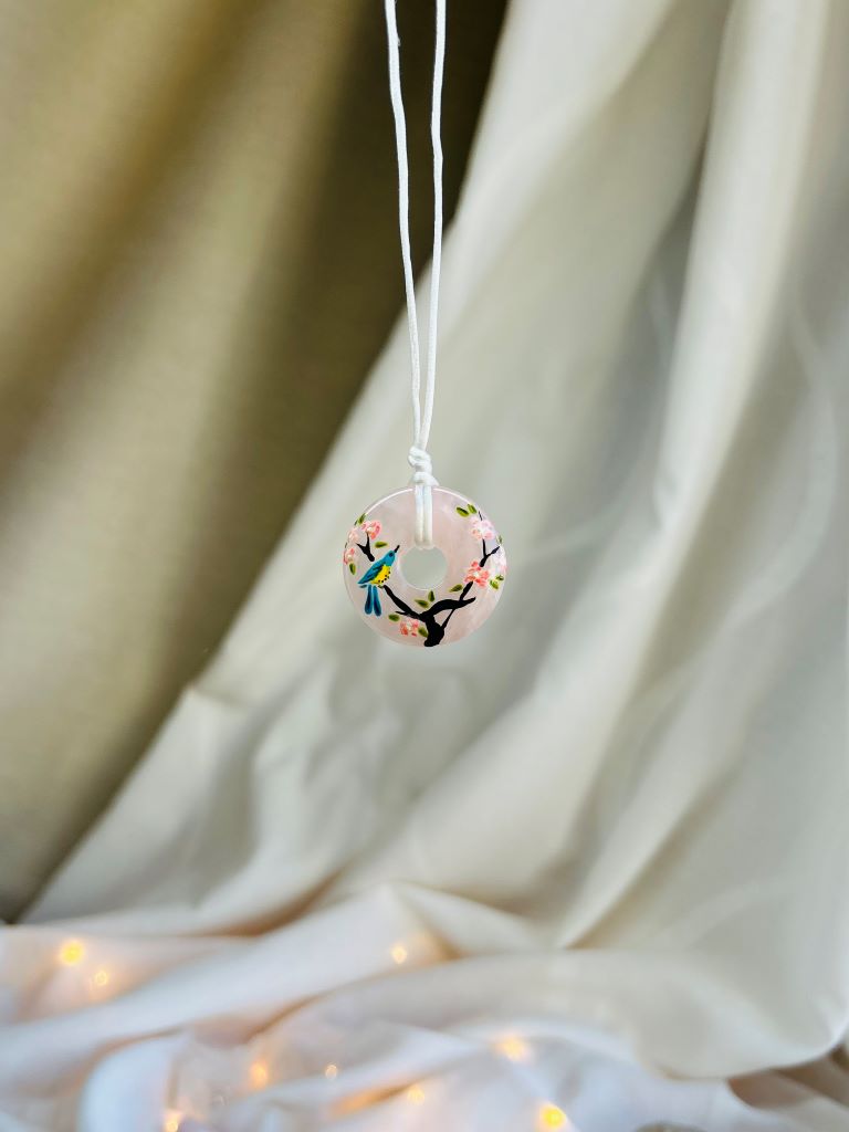 Rose quartz donut necklace "Bird on Sakura"