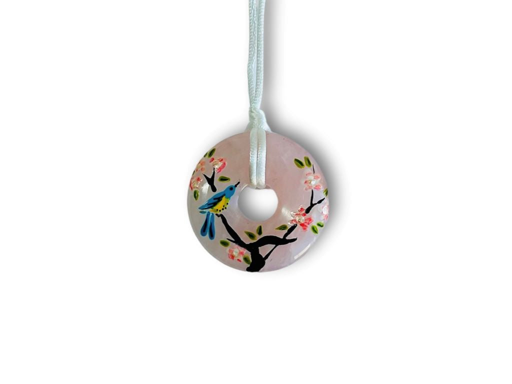 Rose quartz donut necklace "Bird on Sakura"