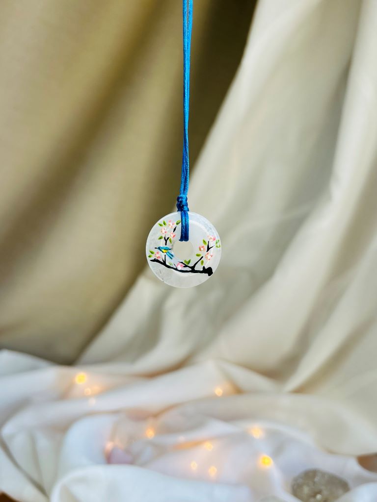 Donut necklace "Bird on a Sakura" crystal