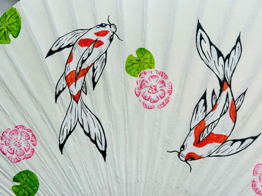 round paper fan "Lake Gems or Koi Carp in a Lotus Pond" hand-painted