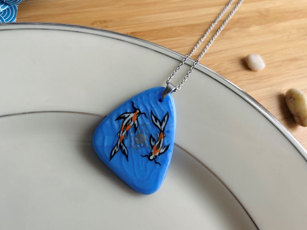 Blue glass necklace "Lake Gems or Koi Carps with the Moon"
