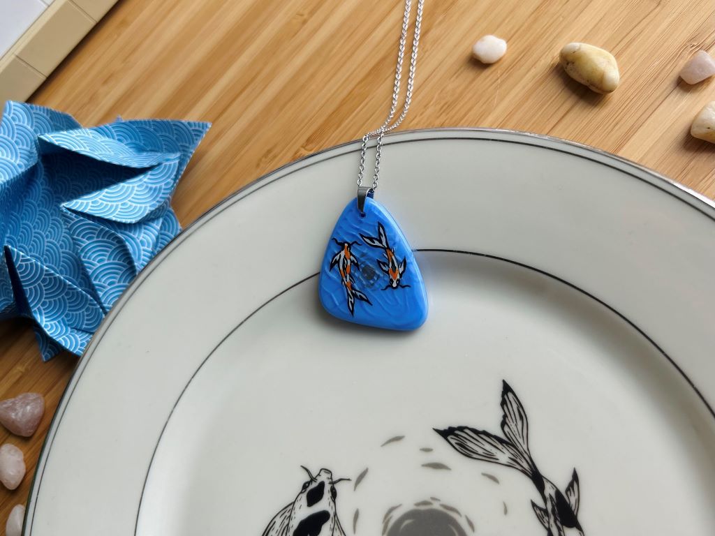 Blue glass necklace "Lake Gems or Koi Carps with the Moon"