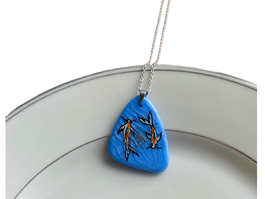 Blue glass necklace "Lake Gems or Koi Carps with the Moon"