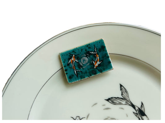 Ceramic brooch turquoise "Lake Gems or Koi with Moon"