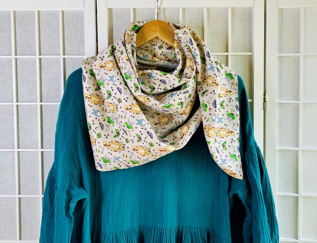 large scarf "Totoro and other forest spirits" 100x100 cm