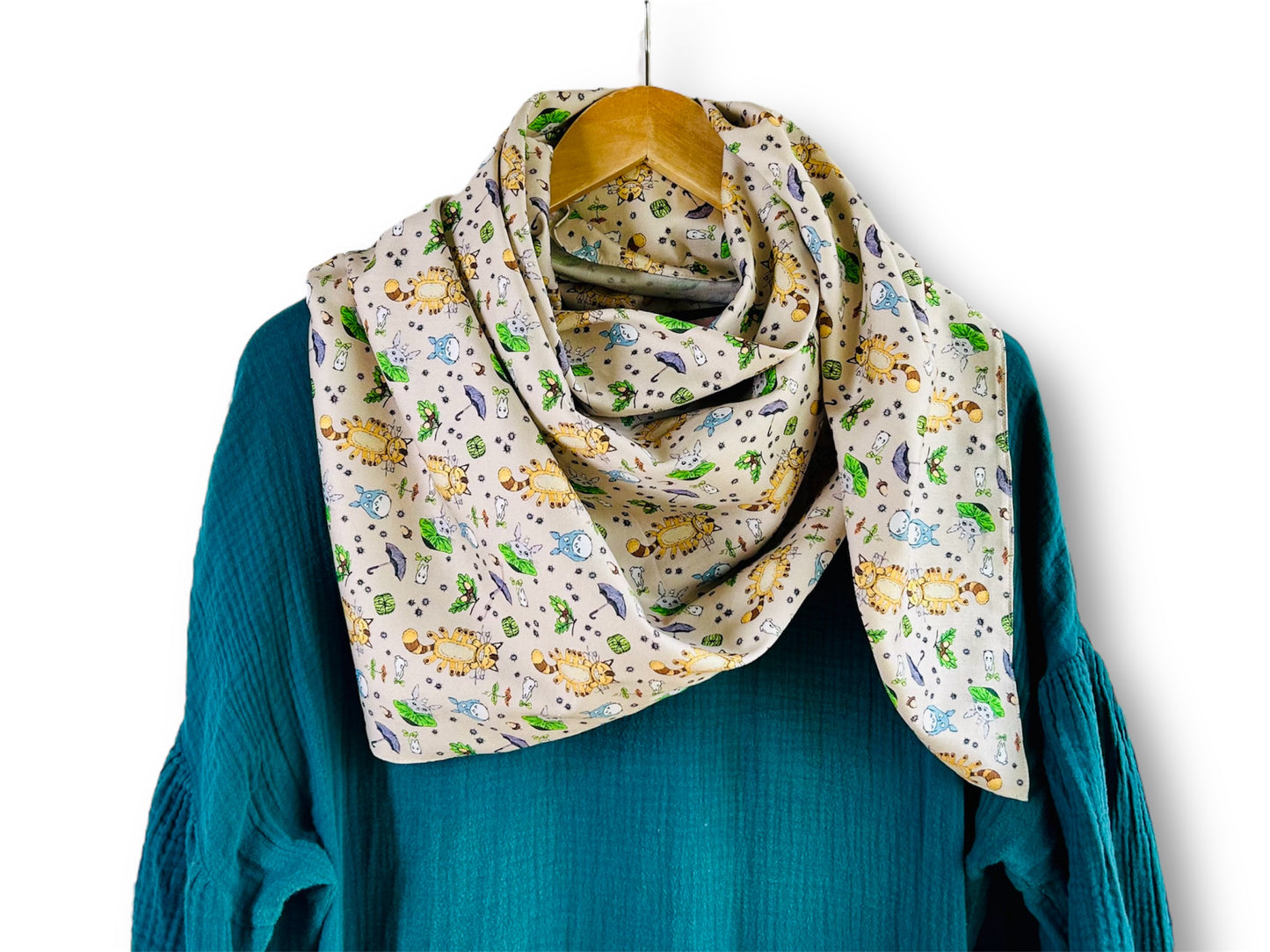 large scarf "Totoro and other forest spirits" 100x100 cm