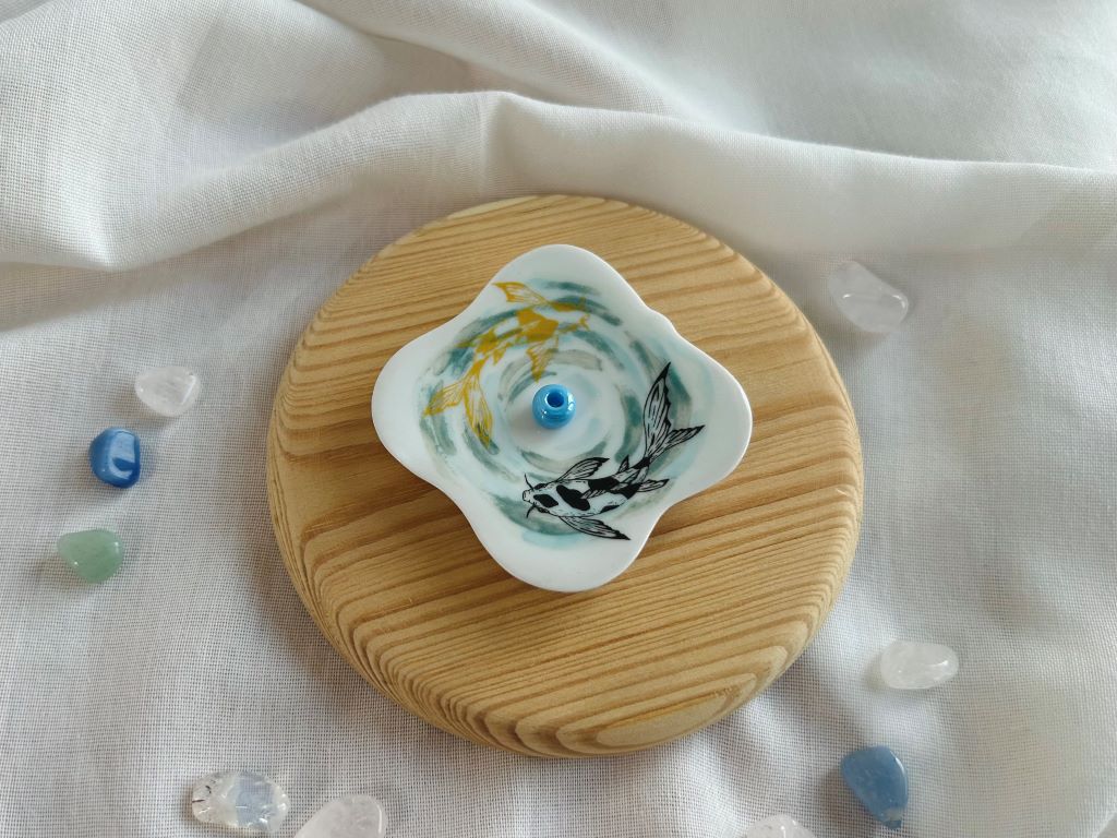 porcelain incense stick holder "Lake Gems or Koi Carp with Moon" 5.5x5.5 cm