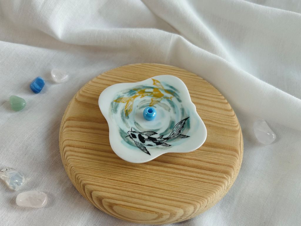 porcelain incense stick holder "Lake Gems or Koi Carp with Moon" 5.5x5.5 cm