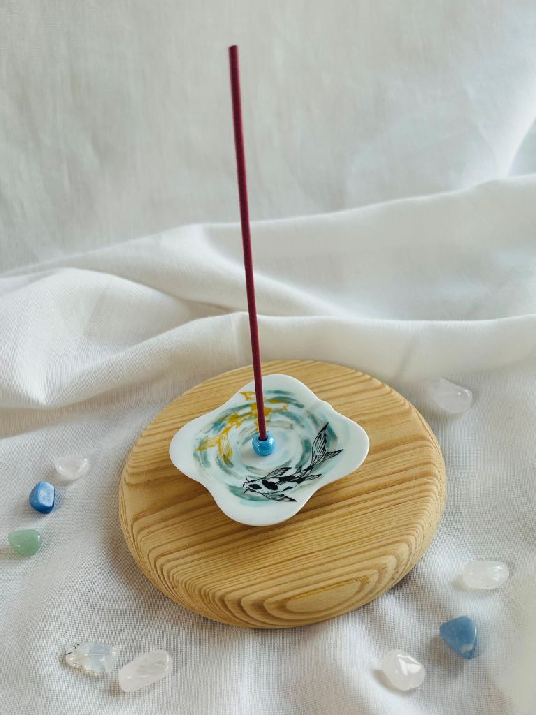 porcelain incense stick holder "Lake Gems or Koi Carp with Moon" 5.5x5.5 cm