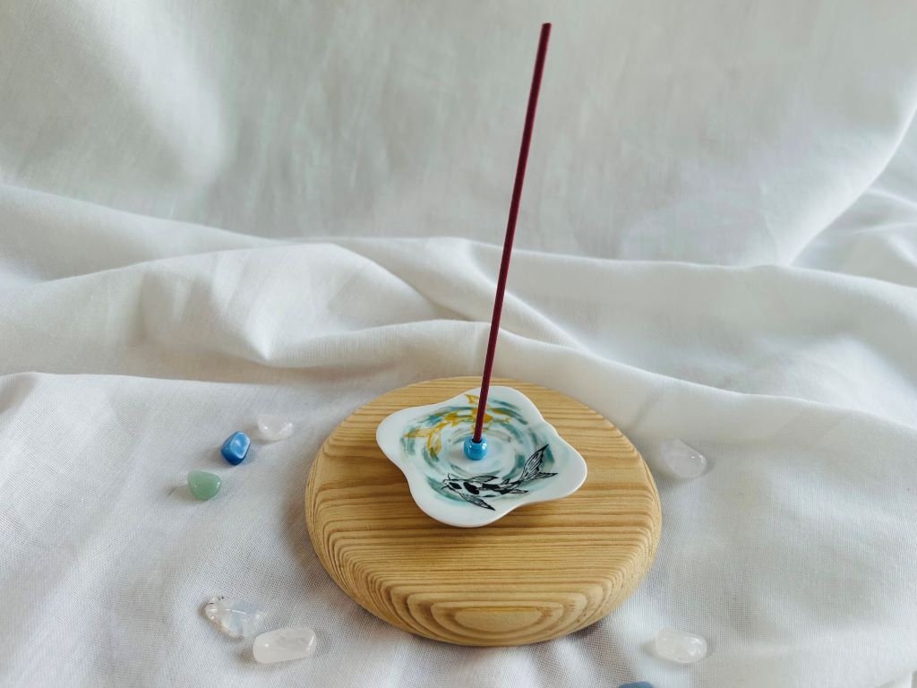 porcelain incense stick holder "Lake Gems or Koi Carp with Moon" 5.5x5.5 cm