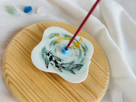 porcelain incense stick holder "Lake Gems or Koi Carp with Moon" 5.5x5.5 cm