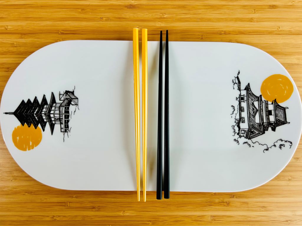 Porcelain Sushi Tray "Japanese Castle and Pagoda" 40x20 cm