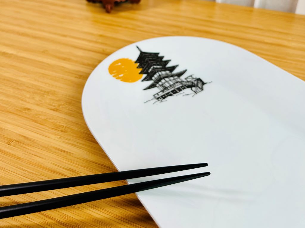 Porcelain Sushi Tray "Japanese Castle and Pagoda" 40x20 cm