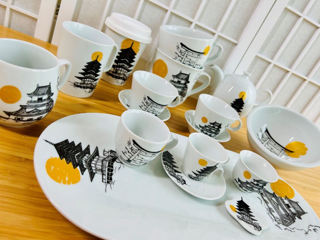 Porcelain Sushi Tray "Japanese Castle and Pagoda" 40x20 cm