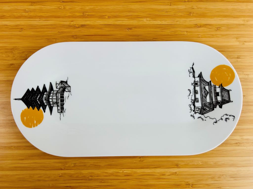 Porcelain Sushi Tray "Japanese Castle and Pagoda" 40x20 cm